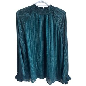 MEXX Teal & Gold Smocked Neck Blouse Medium Long Sleeve Sheer Boho Top